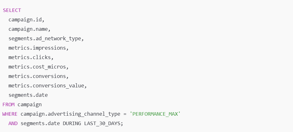 SQL query selecting campaign metrics by network type for Performance Max campaigns in the last 30 days.