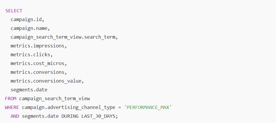 SQL query retrieving search term performance data for Performance Max campaigns, including clicks, conversions, and cost.